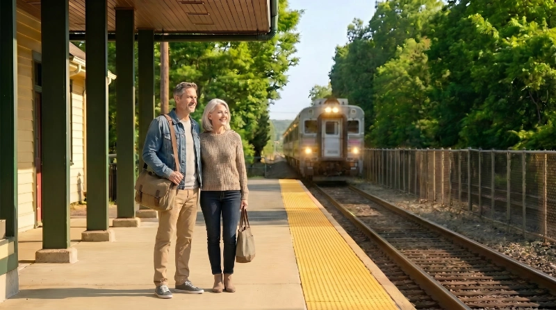 Woman standing on a train platform as a train approaches.